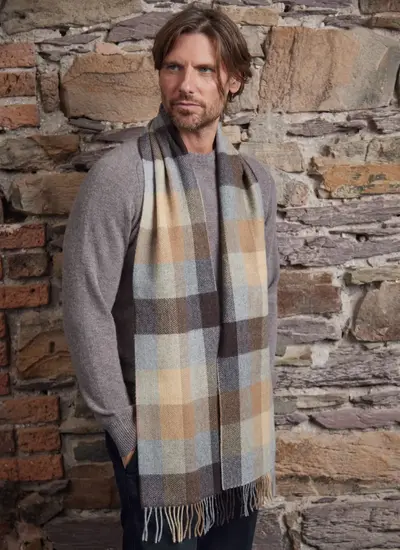 Long Lambswool Fringed Scarf in Brown Check